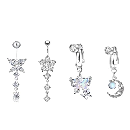 MUNSKT 4Pcs Silber Bauchnabel Stäbe Edelstahl Schmetterling Blume Dangling Bauchnabel Piercing Ring für Frauen Mädchen von MUNSKT