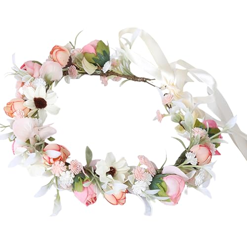 MUNSKT Blumenkrone Haarkranz Boho Blumenkranz Rose Floral Blumenkranz Haare Blumenkrone Damen Mädchen Braut Rosen Haarreif Individuell Einstellbar Durch Ein Band (Rosa) von MUNSKT