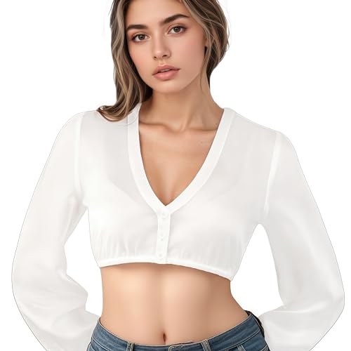 MUNSKT Bluse Damen Weiß Dirndl Bluse Damen Oktoberfest Dirndlbluse Langarm V Ausschnitt Trachtenbluse Trachten Oberteil (DE/NL/SE/PL, Numerisch, 40, Regular, Regular, Weiß) von MUNSKT