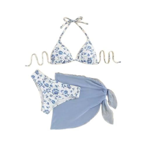 MUNSKT Damen Bikini Set mit Blumenmuster, Neckholder-Oberteil und Rock, 3-teiliges Badeanzug-Set für Strand, Pool und Urlaub von MUNSKT
