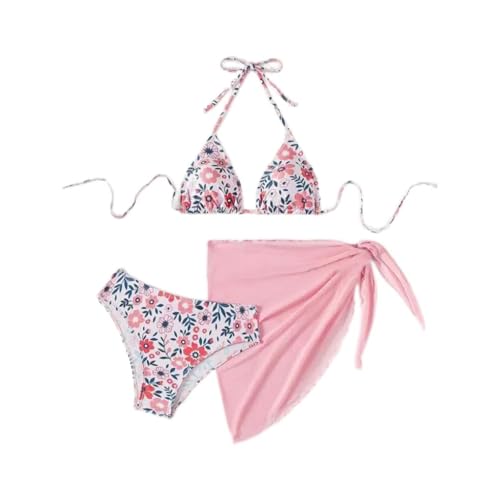 MUNSKT Damen Bikini Set mit Blumenmuster, Neckholder-Oberteil und Rock, 3-teiliges Badeanzug-Set für Strand, Pool und Urlaub von MUNSKT