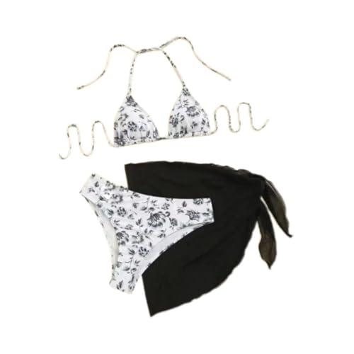 MUNSKT Damen Bikini Set mit Blumenmuster, Neckholder-Oberteil und Rock, 3-teiliges Badeanzug-Set für Strand, Pool und Urlaub von MUNSKT