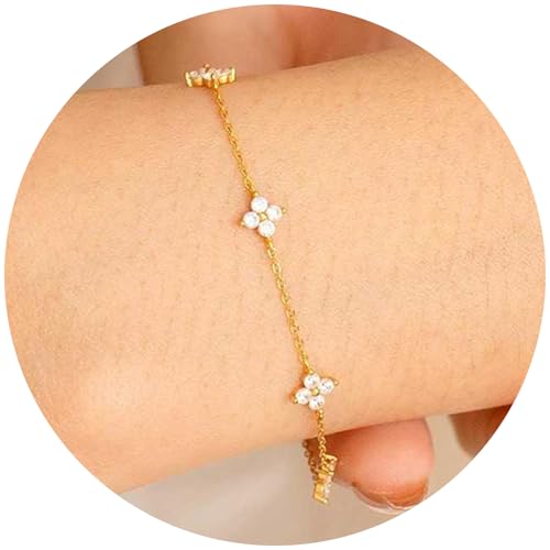 MUNSKT Damen Gold mit Cubic Zirkonia Blumen 925 Silber Bracelet für Mädchen S925 Sterling Silber Vierblättriges Kleeblatt Armband in Gold Armband Damen von MUNSKT