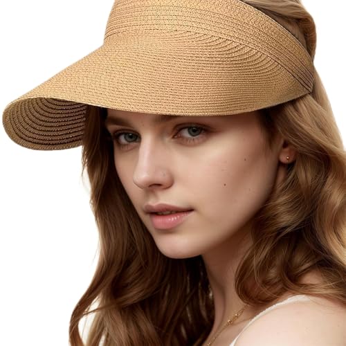 MUNSKT Damen Sonnenhut mit breite Krempe Stroh UV-Schutz Sonnenhut Strohhut für Sommer UPF 80+ Sommerhut Packbar Faltbar Strandhut Visor Cap von MUNSKT