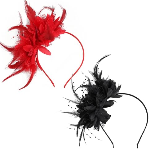 MUNSKT Feder Haarreif mit Künstlichen Blumen, 2 Stück Rote und Schwarze Feder Kopfschmuck, 1920er Fascinator Kopfschmuck für Damen, für Cocktail Hochzeit Abschlussball Maskerade Teeparty von MUNSKT
