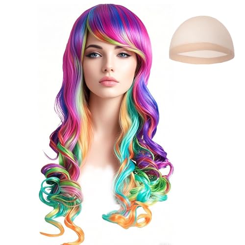 MUNSKT Frauen Regenbogen Perücke, Lolita langes Haar, Multi Farbverlauf Perücke, verträumte Haarfarben, Rollenspiel, Halloween, Karneval Thema von MUNSKT