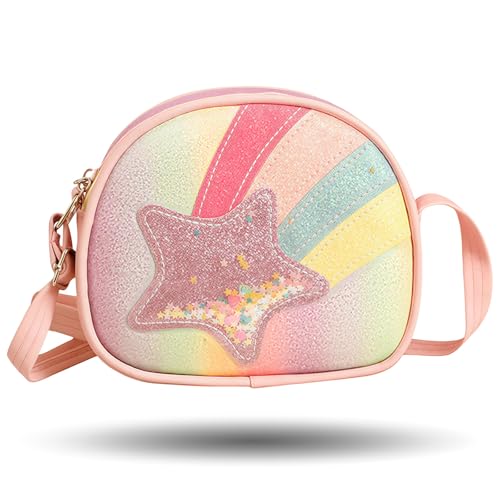 MUNSKT Kinder Umhängetasche Mädchen Geldbörsen Regenbogen Stern Bag Kinderhandtaschen Handtasche Mädchen mit Verstellbare Schultergurt kleine Mädchen niedliche Geldbörse Tasche Kinder (rosa) von MUNSKT