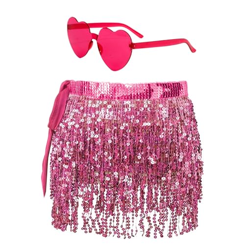 MUNSKT Pailletten Glitzer Rock mit Herz Brille, Quaste Minirock für Frauen Mädchen Bauchtanz Latin Dance Hula Kostüm Rose Silber Gold Sommer Strand Party Karneval Geburtstag, rose, Einheitsgröße von MUNSKT