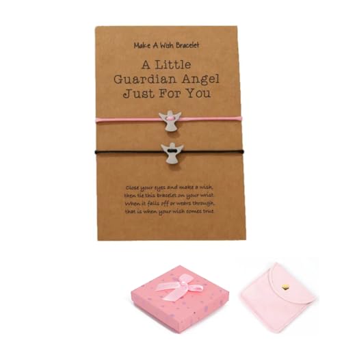 MUNSKT Schutzengel Armband Set mit Schmuckdose & Beutel, 2 Stück Verstellbares Kommuniongeschenk für Mädchen (Schwarz + Rosa), Armband Engel für Kinder, Jugendliche & Frauen von MUNSKT