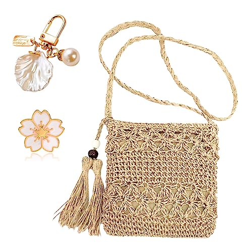 MUNSKT Strohtasche für Frauen mit Quaste & Muschel Schlüsselanhänger & Kirschblüten-Brosche, gewebte handgefertigte böhmische Umhängetasche mit Reißverschluss für Sommer Strand Reisen von MUNSKT