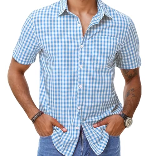 MUNSKT Trachtenhemd Herren Kurzarm, Kariertes Oktoberfest Hemd in Blau, Bayerisches Freizeithemd mit Regular Fit für Wiesn & Feste von MUNSKT