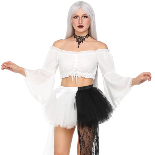 MUNSKT Traditionelle Dirndlbluse Langarm für Damen, Elegante Trachtenbluse mit Spitzen-Details für Oktoberfest Kostüm, Bayerische Festmode in Weiß von MUNSKT