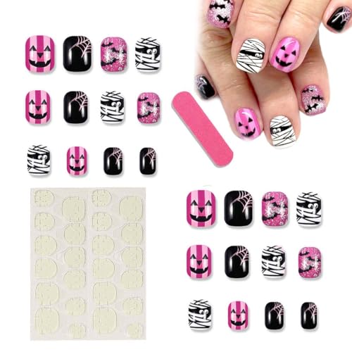 MUNZE 24 Stück Halloween Press On Nails, Full Cover Kunstnägel Mit Spinnennetz- Und Fledermausmuster, Für Frauen Und Mädchen, Short Falsche Nägel, Falsche Nagelspitzen. von MUNZE