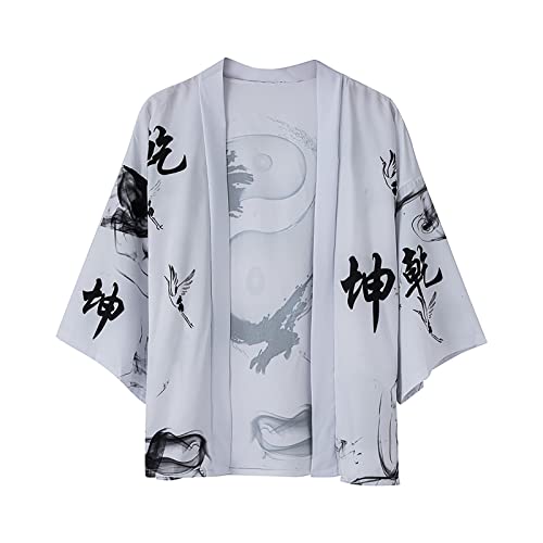 MUOUEAOU Bagua Map TaiChi Qiankun Print Cardigans für Teenager Loose Kimono Robe Cloak Open Front 3/4 Ärmel für Herren (white 2,M) von MUOUEAOU