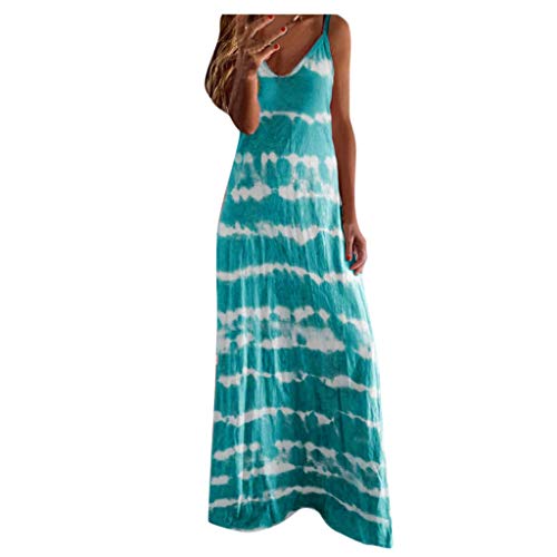 MRULIC Damen Kleider Ohne Arm V-Ausschnitt Tie Dye Drucken Maxikleid BöHmen Sommerkleider Strandkleider Cocktailkleider Abendkleid Party Kleider(A6-Himmelblau,XL) von MURIC