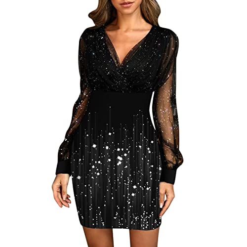 MURIC Damen Kleid V-Ausschnitt Langarm A-Linie Abendkleid Minikleid Cocktailkleider Glitzer Party Kleider Clubwear Silvester Brautkleid Brautjungfern Ballkleid Wickelkleid(A12 Schwarz,S), 122216 von MURIC