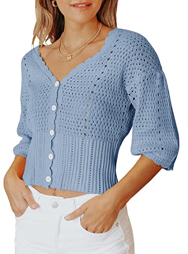 Damen 3/4 Ärmel Cropped Pullover Knopf Knit Bolero Cardigan Leicht Häkeln Crop Kurz Pullover Shrug Cover Up, Blau, X-Groß von MURMUREY