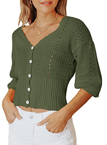 Damen 3/4-Ärmel Cropped-Pullover Knopf Strick Bolero Cardigan Leicht Häkeln Crop Short Sweater Shrug Cover Up, Grün , X-Groß von MURMUREY