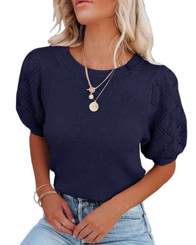 Damen Kurzarm Pullover Rundhalsausschnitt Strickpullover Tops Casual Leicht Häkelbluse Shirt, navy, Klein von MURMUREY