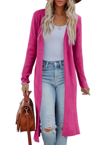Damen Lange Strickjacken Offene Vorderseite Maxi Cardigan Pullover Casual 2023 Herbst Seitenschlitz Strickpullover Mantel, Knallpink (Hot Pink), X-Groß von MURMUREY