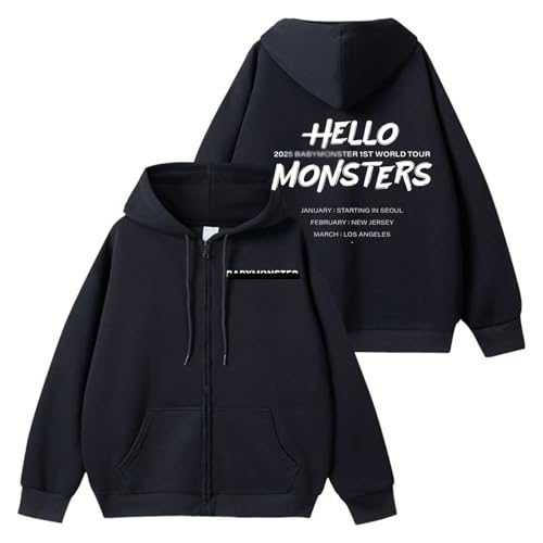 MURQ BM World Tour Hello Monsters Hoodie 2025 BABY-MON-S7ER Support bedrucktes Merch-Baumwollshirt mit Reißverschluss(Black-Fleece,4XL) von MURQ
