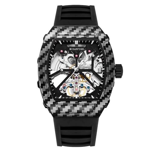 MUSANFIGO Hollowed Out Men's Fully Automatic Mechanical Watch, Wine Barrel Shaped Silicone Tape, Fashionable Men's Night Light Waterproof Trend Watch 6021A (Black) von MUSANFIGO