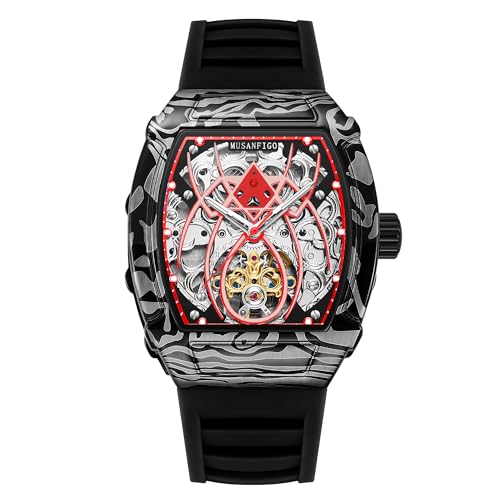 MUSANFIGO Weinfass geformte Outdoor Stil Männer vollautomatische mechanische Uhr mit ausgehöhltem Silikonband Männer Nachtlicht wasserdichte Mode Trenduhr 6039B (Schwarz und Rot) von MUSANFIGO