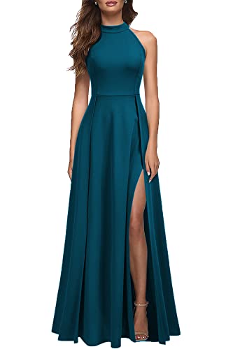 MUSHARE Damen Neckholder Sexy Split Cocktail Party Maxi Lang Formal Kleid, Blaugrün, Klein von MUSHARE