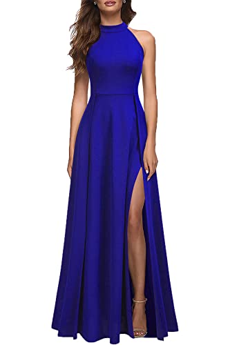 MUSHARE Damen Neckholder Sexy Split Cocktail Party Maxi Lang Formal Kleid, Königsblau, Klein von MUSHARE