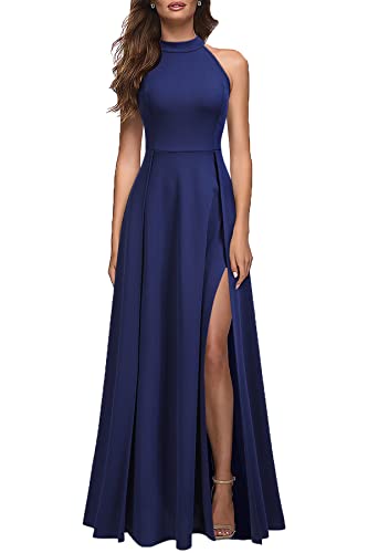 MUSHARE Damen Neckholder Sexy Split Cocktail Party Maxi Lang Formal Kleid, Marineblau, Groß von MUSHARE