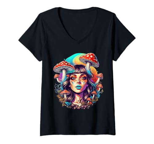 Damen Pilzdame. Helle Cartoon-Frau mit bunten Pilzen T-Shirt mit V-Ausschnitt Damen Pilzdame. Helle Cartoon-Frau mit bunten Pilzen T-Shirt mit V-Ausschnitt von MUSHROOM DESIGN CARTOOM LADY W/ COLORFUL MUSHROOMS