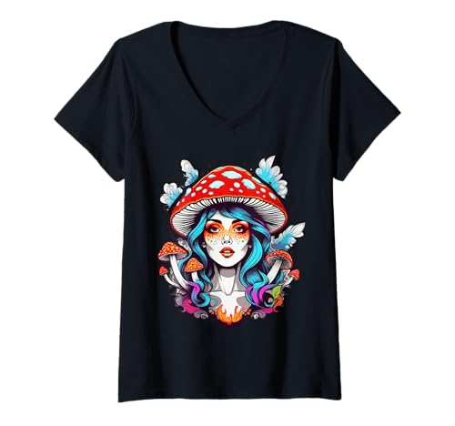 Damen Pilzdamen-Design. Blauer Hait, rote und weiße Stuben, lustig T-Shirt mit V-Ausschnitt Damen Pilzdamen-Design. Blauer Hait, rote und weiße Stuben, lustig T-Shirt mit V-Ausschnitt von MUSHROOM LADY DESIGN BLUE HAIT RED & WHITE SHROOMS