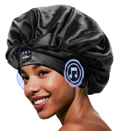 Schlafmütze mit Bluetooth Kopfhörern, Musik-Schlafhaube für Damen & Herren, 14 Std. Spielzeit, Bluetooth 5.4, weiche Bequeme Seidenhaube Satin Bonnet zum Schlafen & Entspannen (Schwarz) von MUSICOZY