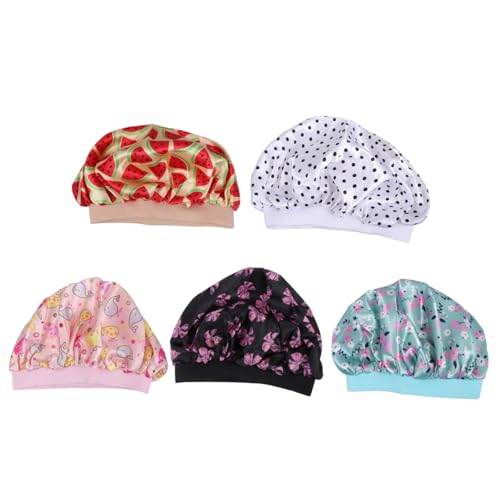 MUSISALY 5stücke Mädchen Satin Schlafhaube Elastische Nachtmütze Für Mädchen Breiter Schützt Für Schlaf Und Bad Verschiedene Designs Mit Punkten Wassermelone Schleife Delfin von MUSISALY
