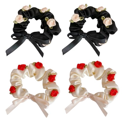 MUSISALY 4stücke Rote Blume Haarschmuck Pferdeschwanz Halter Für Mädchen Frauen Haarband Rosen Blume Haarring Haargummi Frisur Party Alltag von MUSISALY