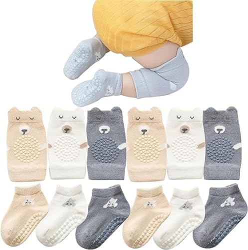 MUSLONG Baby Krabbeln 3 Paar Baby Knieschoner und 3 Paar Baby Socken,Anti Rutsch Krabbelhilfe mit Gummipunkte Krabbelschoner Stulpen Knieschützer für Kleinkinder 0-24 Monate (0-6 Monate) von MUSLONG