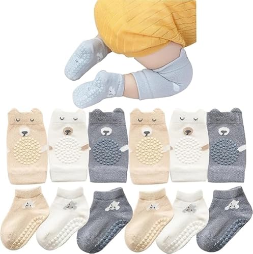 MUSLONG Baby Krabbeln 3 Paar Baby Knieschoner und 3 Paar Baby Socken,Anti Rutsch Krabbelhilfe mit Gummipunkte Krabbelschoner Stulpen Knieschützer für Kleinkinder 0-24 Monate (12-24 Monate) von MUSLONG