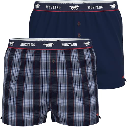 MUSTANG Charlie Herren Unterhose Boxershorts Unterwäsche Sport 2er Set, Größe:M, Farbe:Marineblau Kariert/Marineblau Einfarbig von MUSTANG