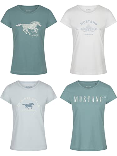 MUSTANG Damen T-Shirt 4er Pack Slim Fit Rundhals O-Neck Basic Kurzarm Logo Print Sommer Shirt 100% Baumwolle Weiß Blau Grün Rot S M L XL XXL, Größe:L, Farbe:Farbmix 2 von MUSTANG