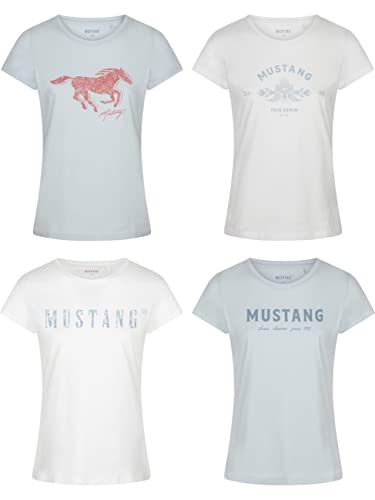 MUSTANG Damen T-Shirt 4er Pack Slim Fit Rundhals O-Neck Basic Kurzarm Logo Print Sommer Shirt 100% Baumwolle Weiß Blau Grün Rot S M L XL XXL, Größe:L, Farbe:Farbmix 3 von MUSTANG