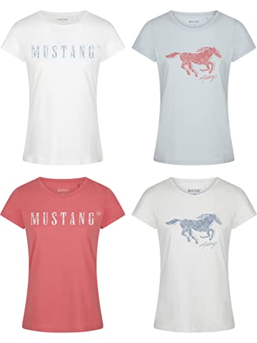 MUSTANG Damen T-Shirt 4er Pack Slim Fit Rundhals O-Neck Basic Kurzarm Logo Print Sommer Shirt 100% Baumwolle Weiß Blau Grün Rot S M L XL XXL, Größe:L, Farbe:Farbmix 6 von MUSTANG