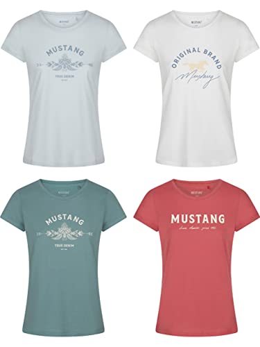 MUSTANG Damen T-Shirt 4er Pack Slim Fit Rundhals O-Neck Basic Kurzarm Logo Print Sommer Shirt 100% Baumwolle Weiß Blau Grün Rot S M L XL XXL, Größe:M, Farbe:Farbmix 4 von MUSTANG