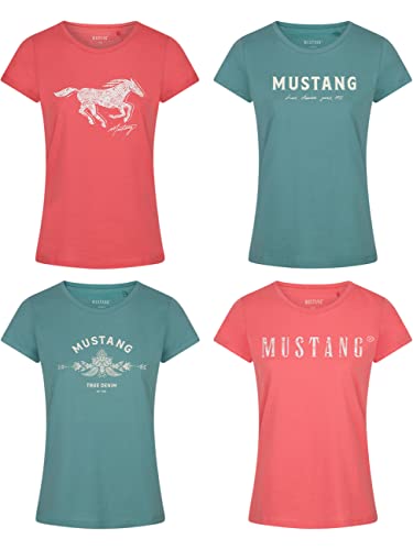 MUSTANG Damen T-Shirt 4er Pack Slim Fit Rundhals O-Neck Basic Kurzarm Logo Print Sommer Shirt 100% Baumwolle Weiß Blau Grün Rot S M L XL XXL, Größe:M, Farbe:Farbmix 5 von MUSTANG