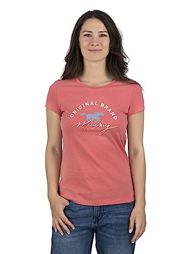 MUSTANG Damen T-Shirt Rundhals O-Neck Basic Slim Fit Kurzarm Logo Print Sommer Shirt 100% Baumwolle Weiß Blau Grün Rot S M L XL XXL, Größe:L, Farbe:Coral (1014028-8142) von MUSTANG
