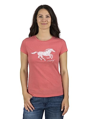 MUSTANG Damen T-Shirt Rundhals O-Neck Basic Slim Fit Kurzarm Logo Print Sommer Shirt 100% Baumwolle Weiß Blau Grün Rot S M L XL XXL, Größe:L, Farbe:Coral (1014029-8142) von MUSTANG