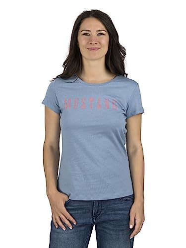 MUSTANG Damen T-Shirt Rundhals O-Neck Basic Slim Fit Kurzarm Logo Print Sommer Shirt 100% Baumwolle Weiß Blau Grün Rot S M L XL XXL, Größe:L, Farbe:Hellblau (1014023-5124) von MUSTANG