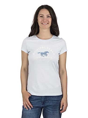 MUSTANG Damen T-Shirt Rundhals O-Neck Basic Slim Fit Kurzarm Logo Print Sommer Shirt 100% Baumwolle Weiß Blau Grün Rot S M L XL XXL, Größe:L, Farbe:Hellblau (1014028-5022) von MUSTANG