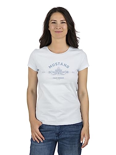 MUSTANG Damen T-Shirt Rundhals O-Neck Basic Slim Fit Kurzarm Logo Print Sommer Shirt 100% Baumwolle Weiß Blau Grün Rot S M L XL XXL, Größe:L, Farbe:Hellblau (1014031-5022) von MUSTANG