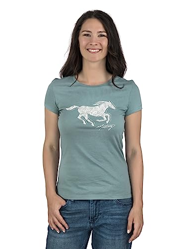 MUSTANG Damen T-Shirt Rundhals O-Neck Basic Slim Fit Kurzarm Logo Print Sommer Shirt 100% Baumwolle Weiß Blau Grün Rot S M L XL XXL, Größe:L, Farbe:Türkis (1014029-6236) von MUSTANG