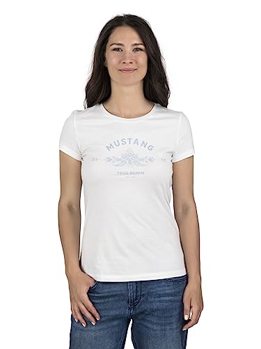 MUSTANG Damen T-Shirt Rundhals O-Neck Basic Slim Fit Kurzarm Logo Print Sommer Shirt 100% Baumwolle Weiß Blau Grün Rot S M L XL XXL, Größe:L, Farbe:Weiß (1014031-2045) von MUSTANG